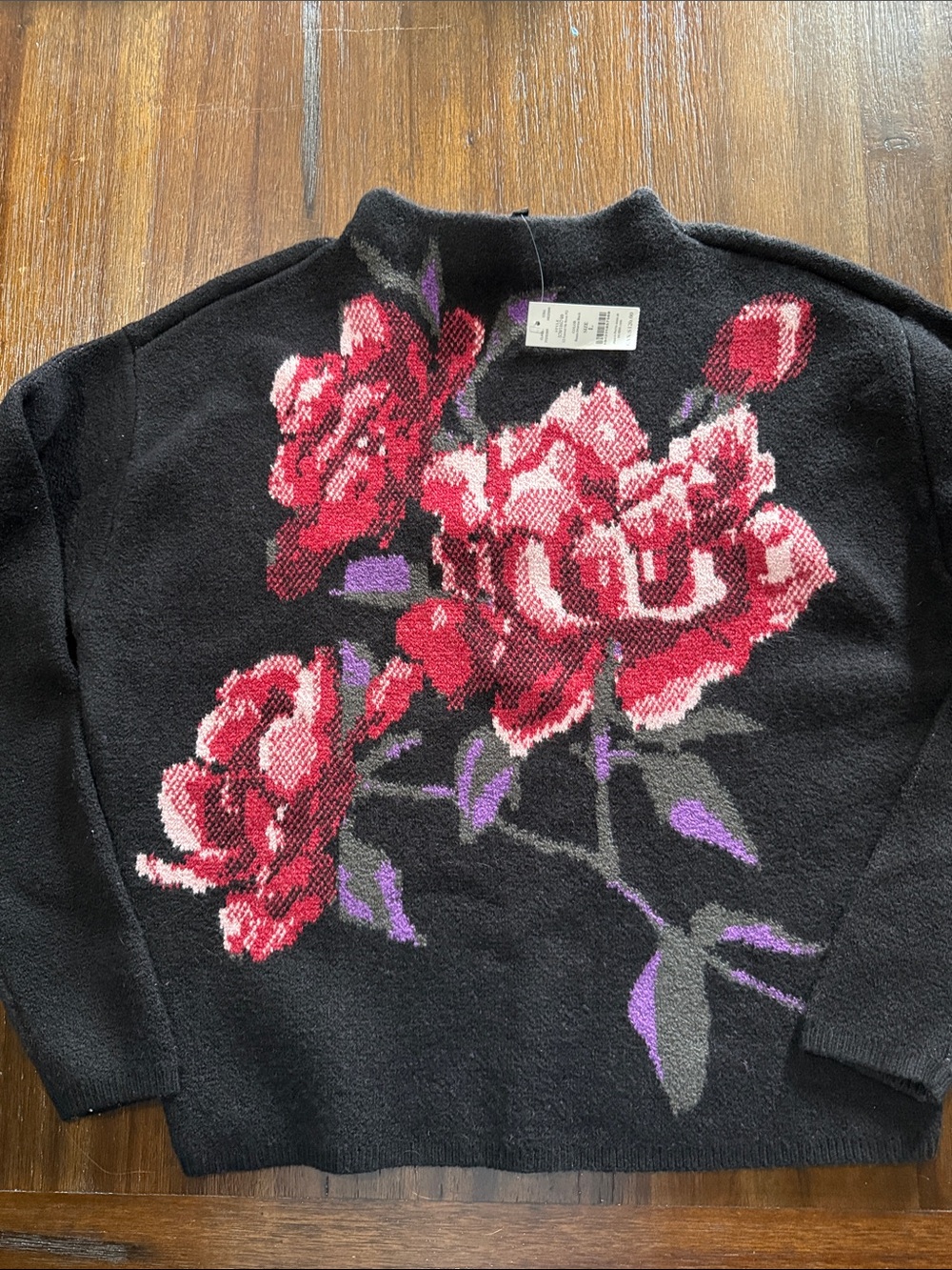 Black Floral Knit Intaesia Sweater with Red and Purple Rose Motif